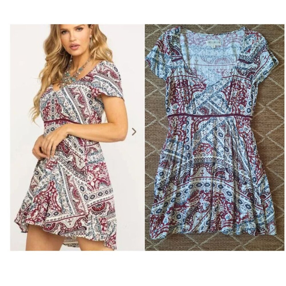 Idyllwind Fueled By Miranda Lambert Dark Red Cream Blue V-Neck Mini Dress Small